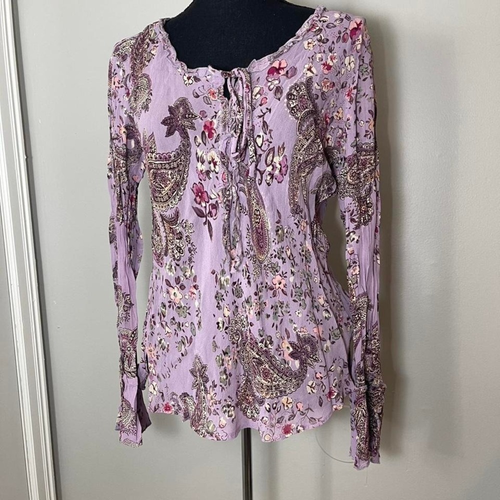 Angie purple floral long sleeve blouse with tie front and bell sleeves
